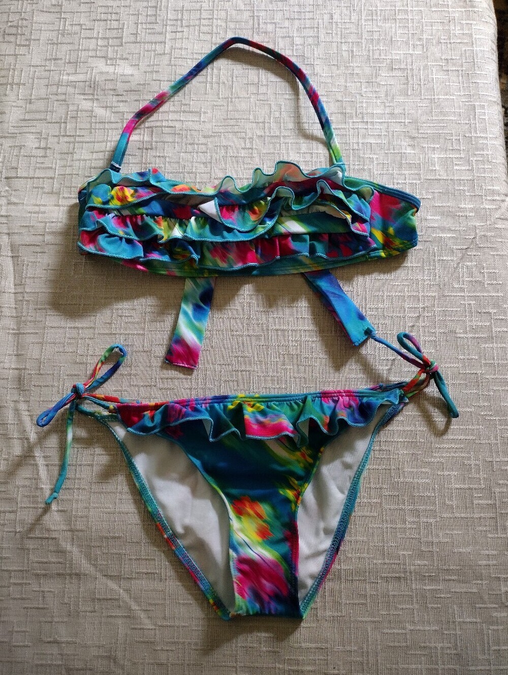 Vintage Y2K Guess USA Paisley Low Ruffle Bandeau Tie 2 Piece Bikini Size S/M